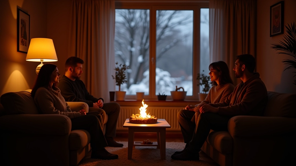 Rodina si užívá teplé a pohodlné domácnosti během zimního večera