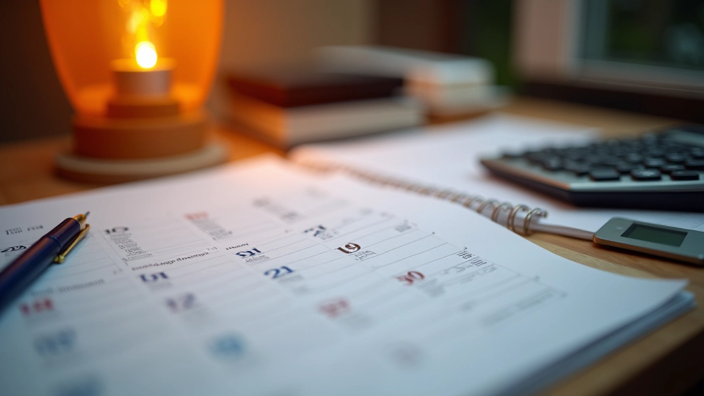 Finanční kalendář na psacím stole s označenými měsíci zimní sezóny