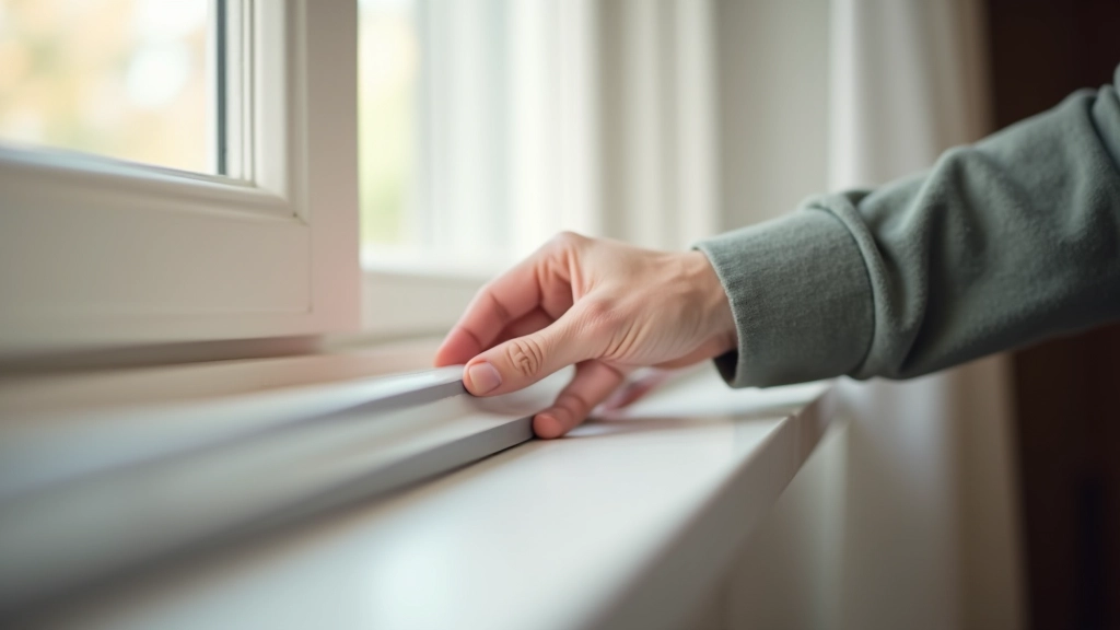 Ruka aplikuje těsnící pásku kolem okenního rámu v moderním bytě