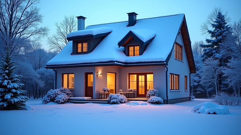 Dům v zimě se sněhem pokrytý s viditelným teplem vycházejícím z komína a oken