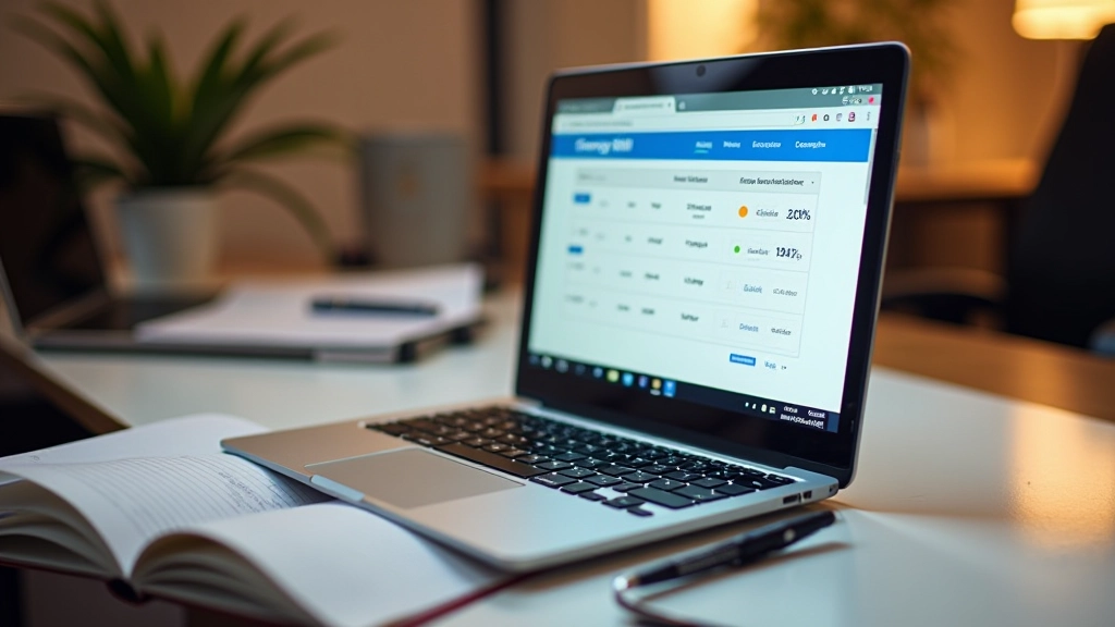 Laptop s online kalkulačkou ERÚ na obrazovce, notýsek vedle