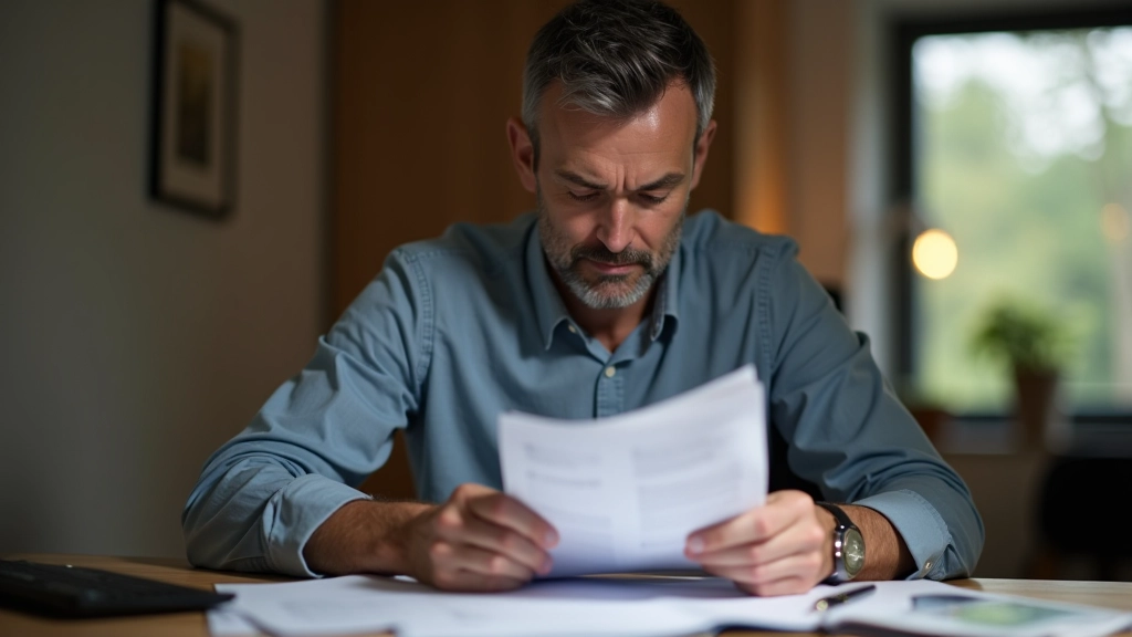 Muž s brýlemi čte vyúčtování u kuchyňského stolu s kalkulačkou a poznámkami