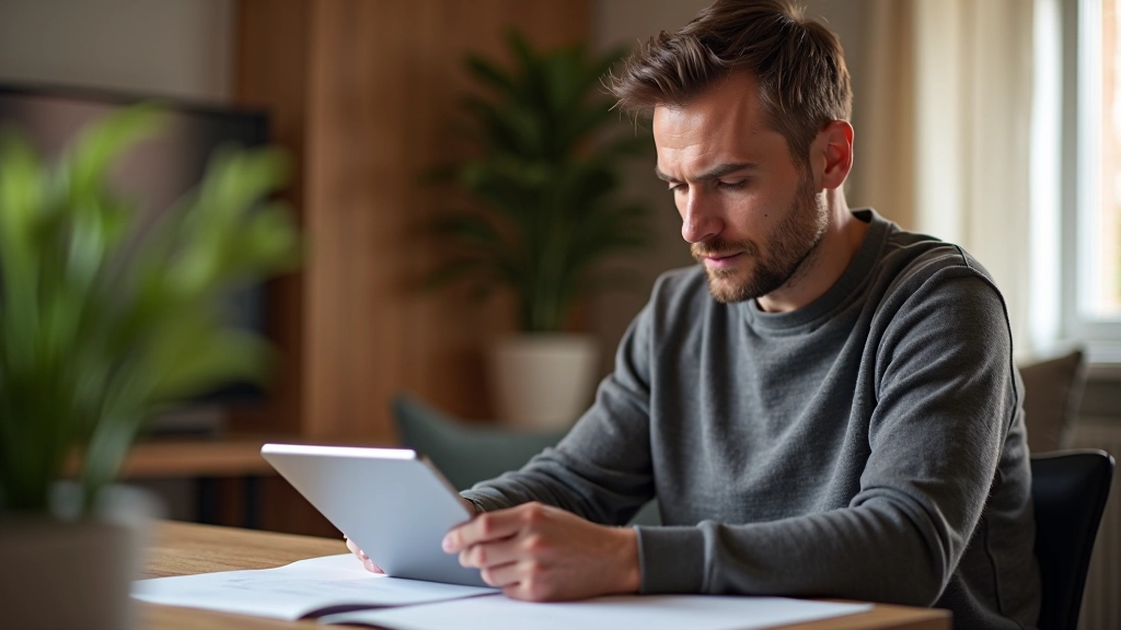 Muž v domácnosti kontrolující energetické náklady na tabletu