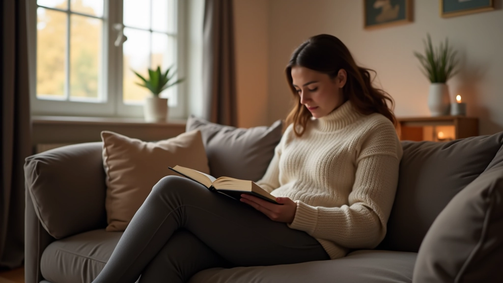 Osoba v teple oděné v obývacím pokoji čte knihu, pohodlná domácí atmosféra